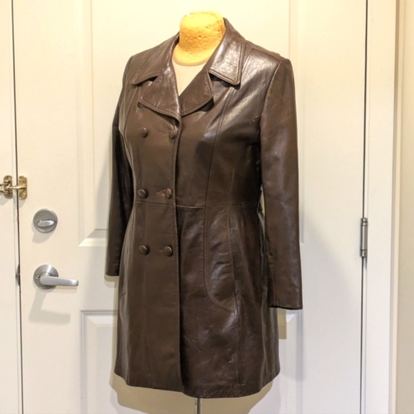 🇨🇦 Gorgeous 70s Trojan 20/XL Brown Leather Trench Coat Made in Canada - Picture 5 of 13